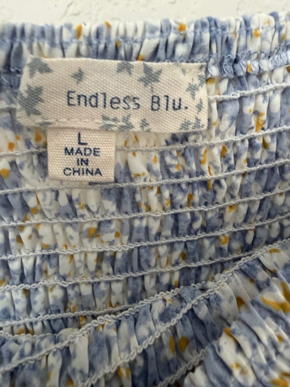Endless Blu Smocked Floral Tube Top Blue White Ruffle Hem Strapless Size L - Picture 5 of 9